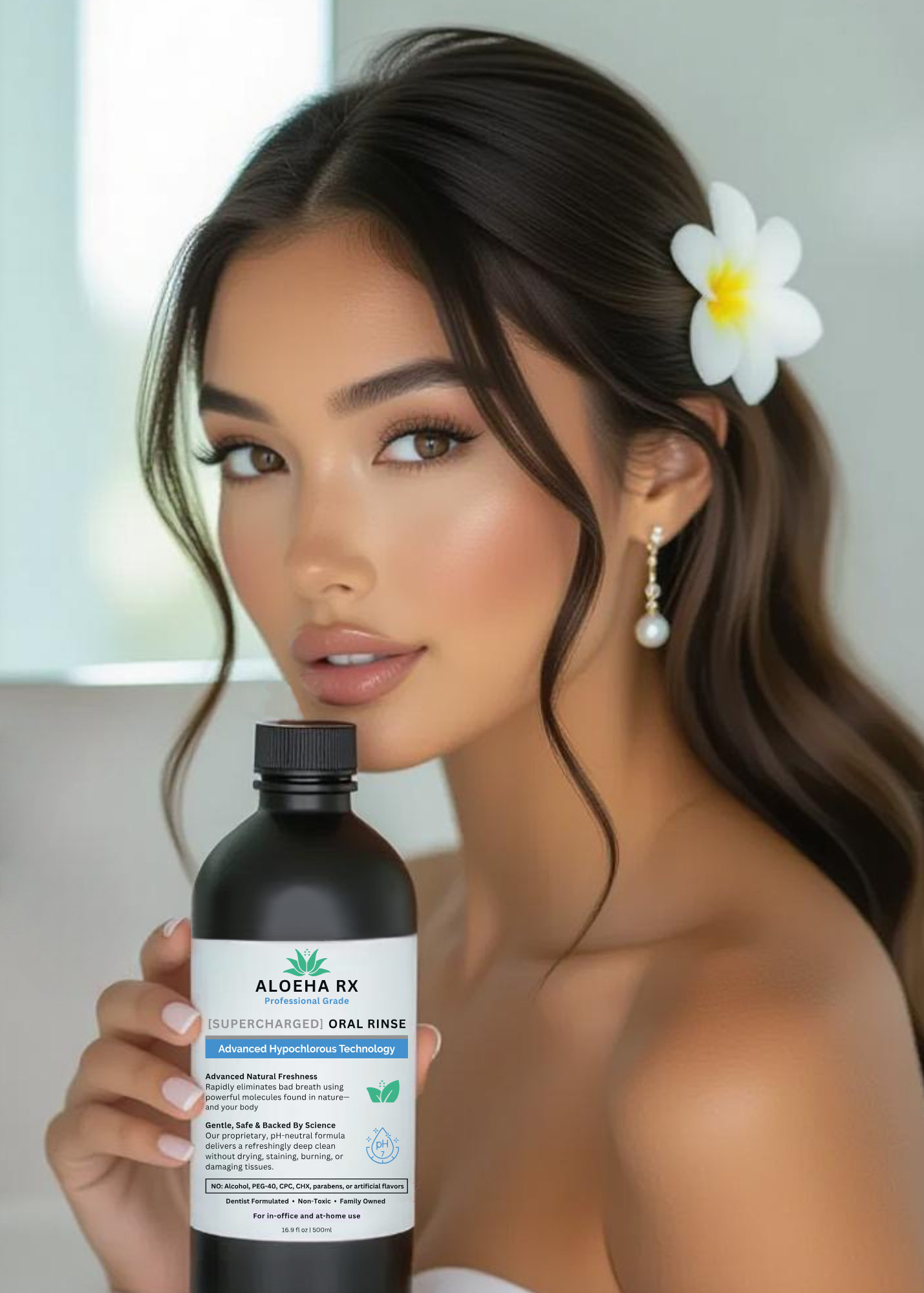 Hawaiian model holding Aloeha RX Supercharged Mouthwash