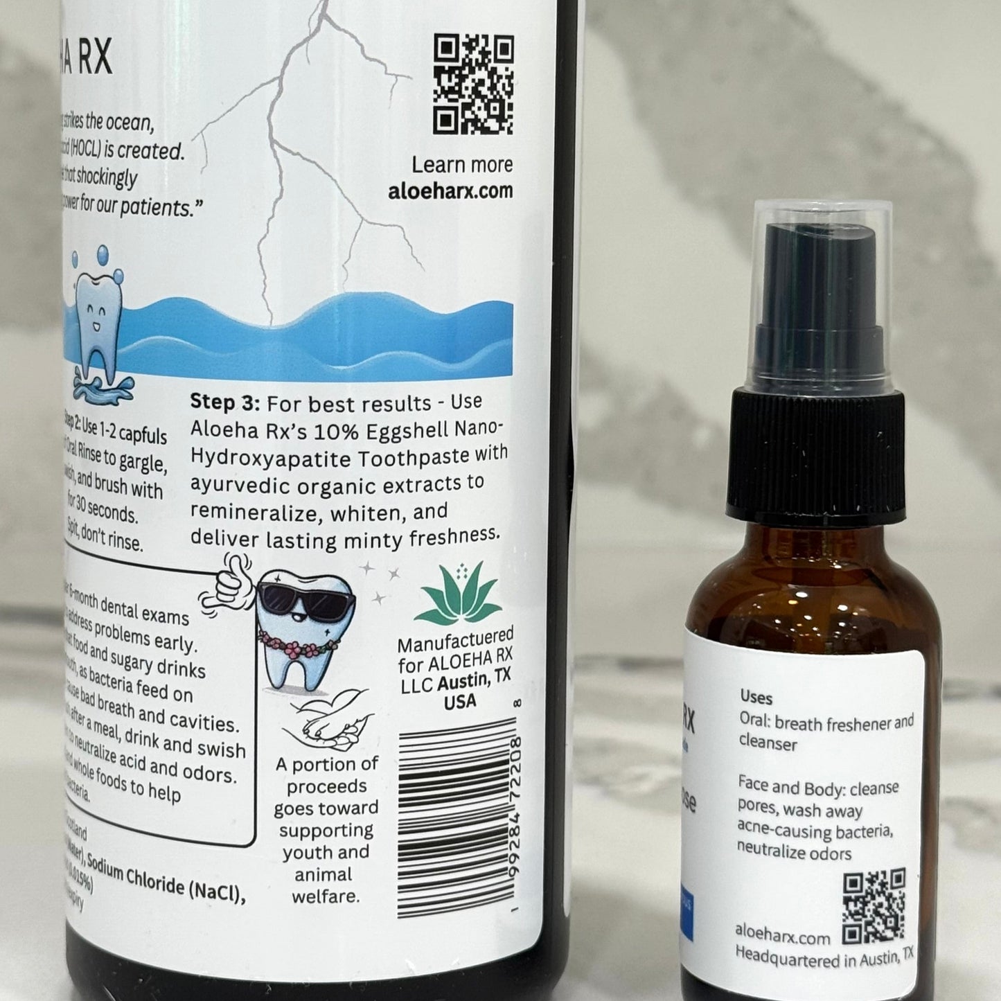 back of Aloeha Rx Hocl rinse and multi-purpose breath spray