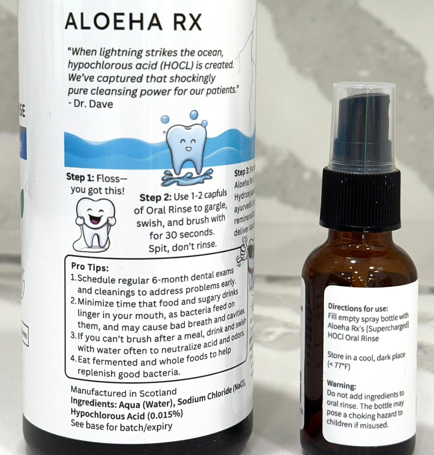 Back of hypochlorous acid rinse and spray with dental hygiene tips