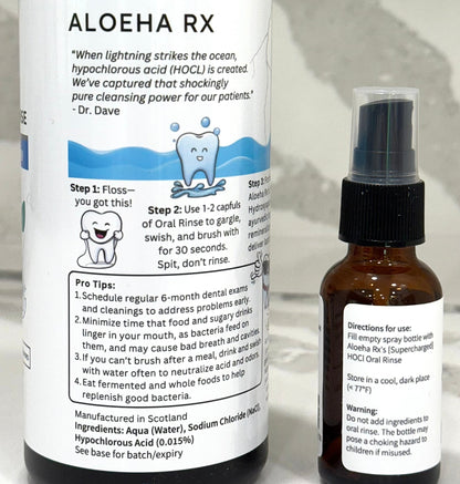 Back of hypochlorous acid rinse and spray with dental hygiene tips